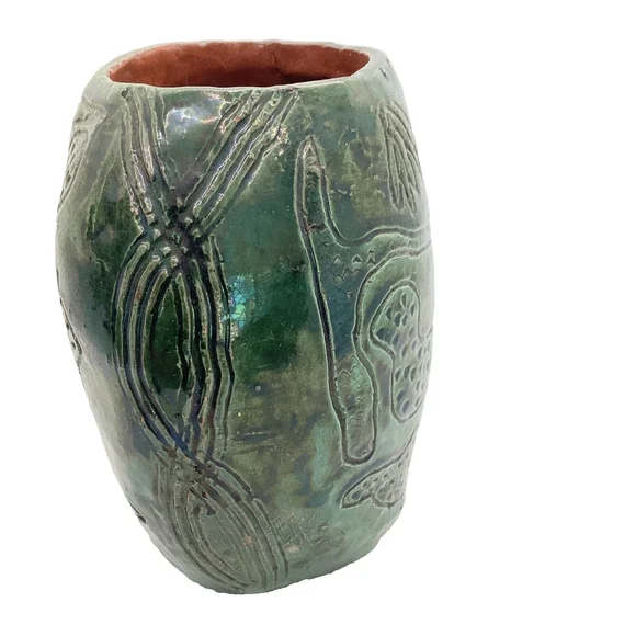 Handmade Ceramic Pottery Primitive Vase Dark Green - Picture 2 of 6